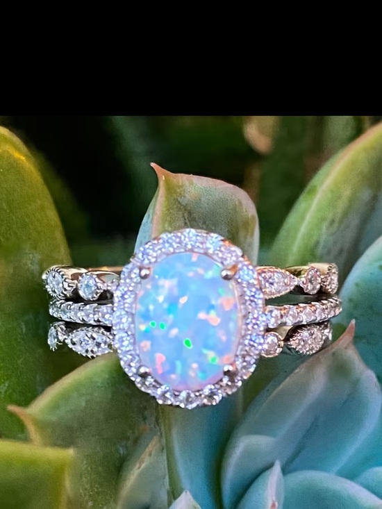 Jewelry - Opal Halo 3 Ring Set in White-Pink-Blue Opal Size 8